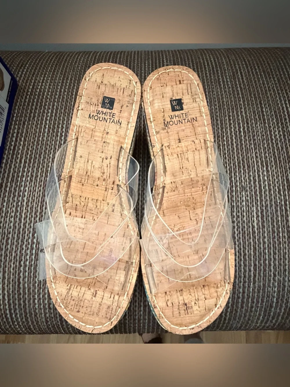 White Mountain Clear Strap Cork Wedge Sandals with Multicolor Trim